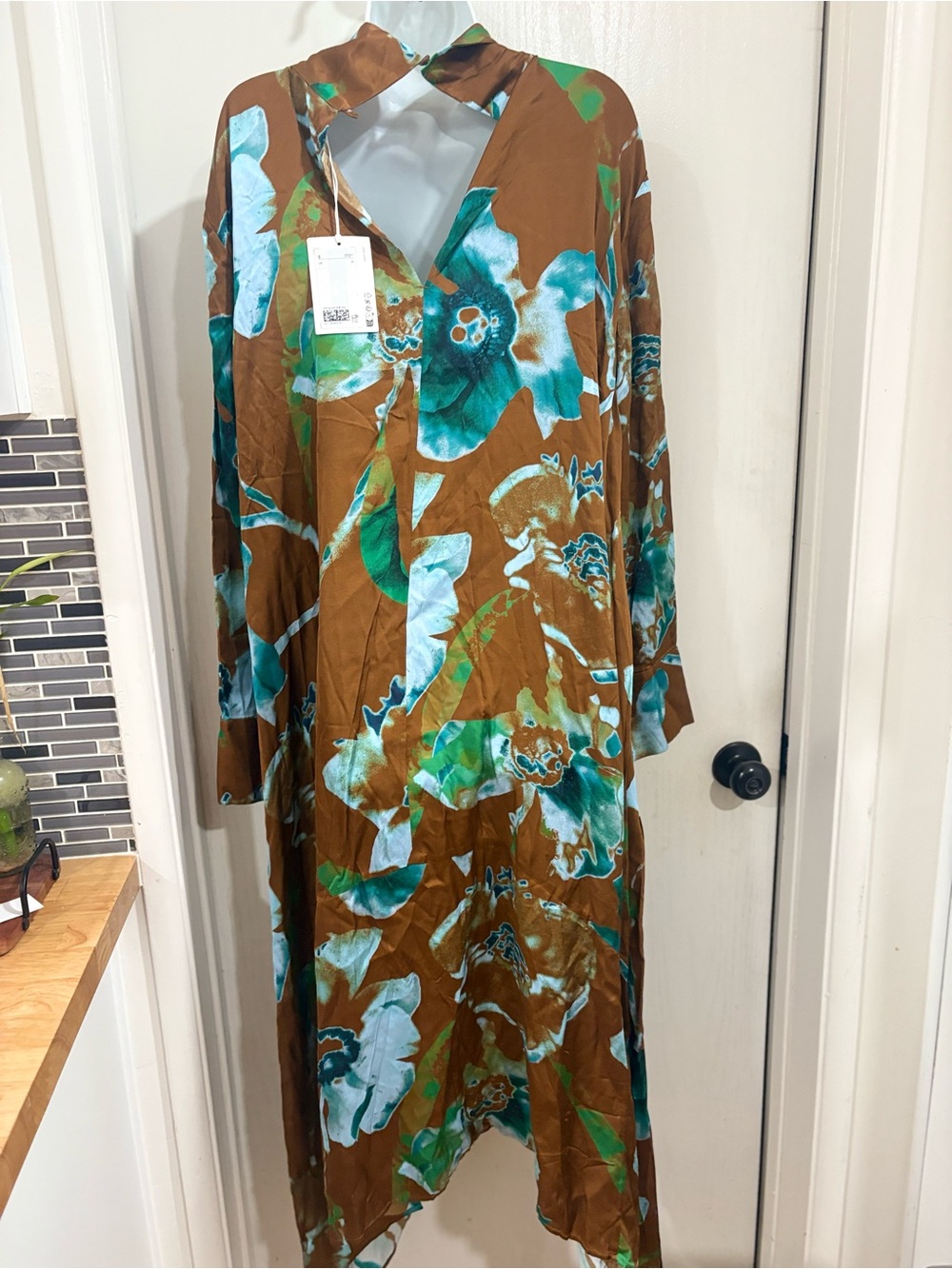 Cos Brown & Teal Floral High-Neck Long Sleeve Dress - Picture 7 of 8